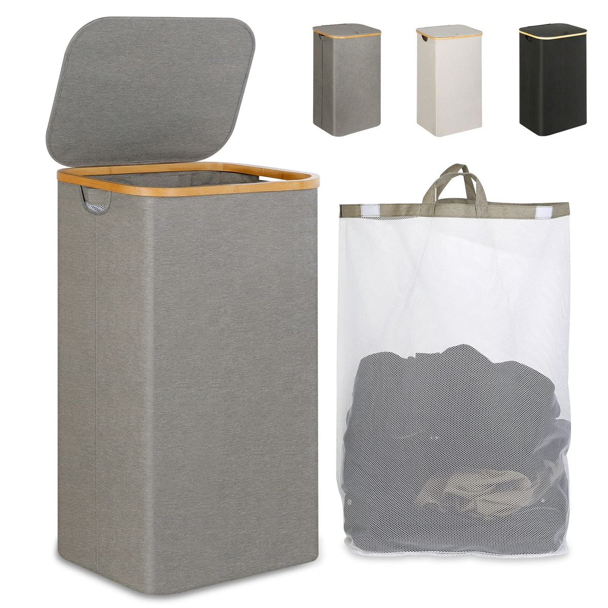 IEGrow Laundry Hamper with Lid,110L Laundry Basket with Mesh Bags,Black
