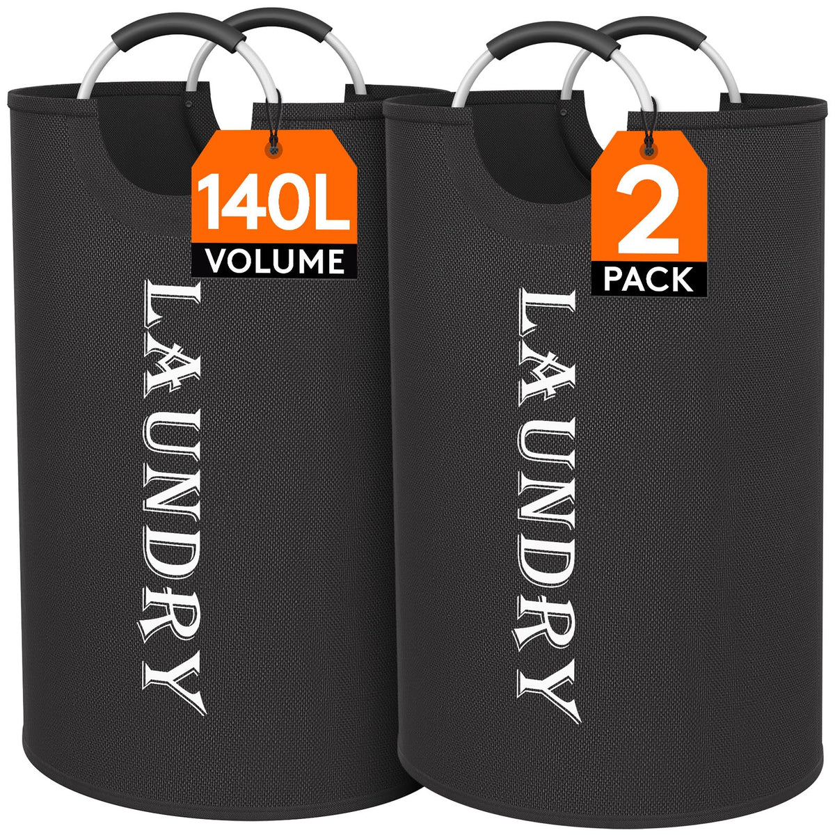 Lifewit 2 Pack 100L Laundry Basket with Aluminum Handles, Black