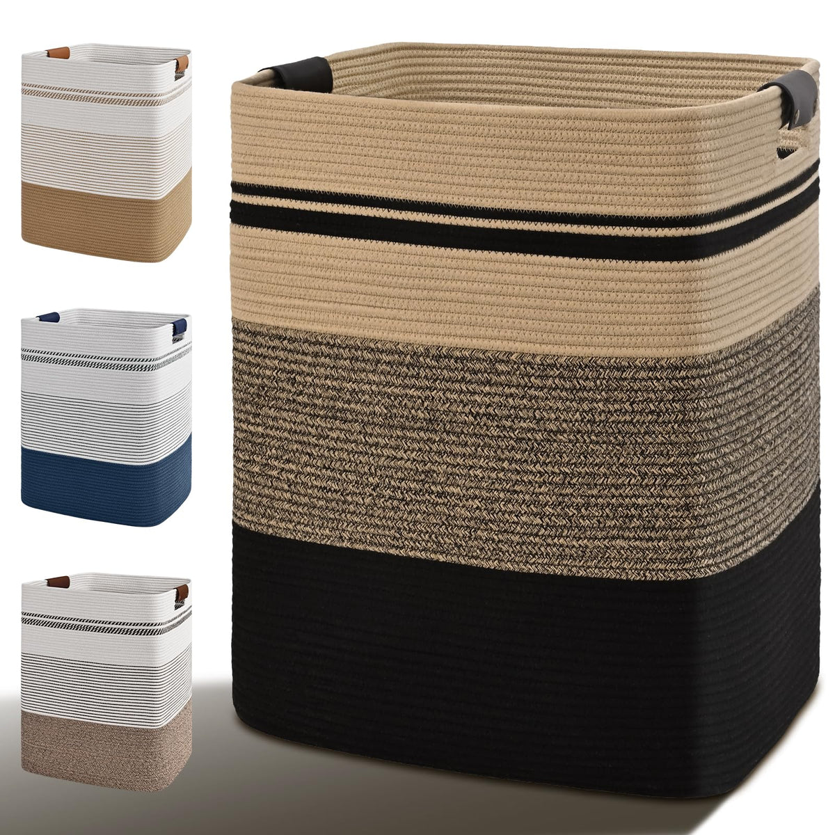 Laundry Hamper, 85L Tall Laundry Basket with Leather Handles, Rectangle Large Clothes Hamper for Organizing, Cotton Woven Laundry Baskets Storage Hampers for Bedroom, Nursery, Living Room