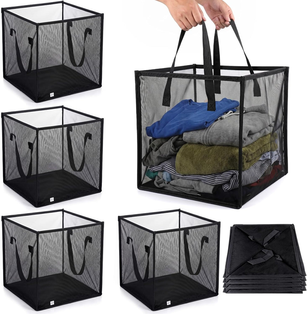 SOUJOY 4Pcs Pop Up Laundry Baskets, 13 Inch Collapsible Mesh Popup Clothes Hampers, Portable and Foldable Washing Bin with Handles for Home, Dorm, Travel and Storage, Black