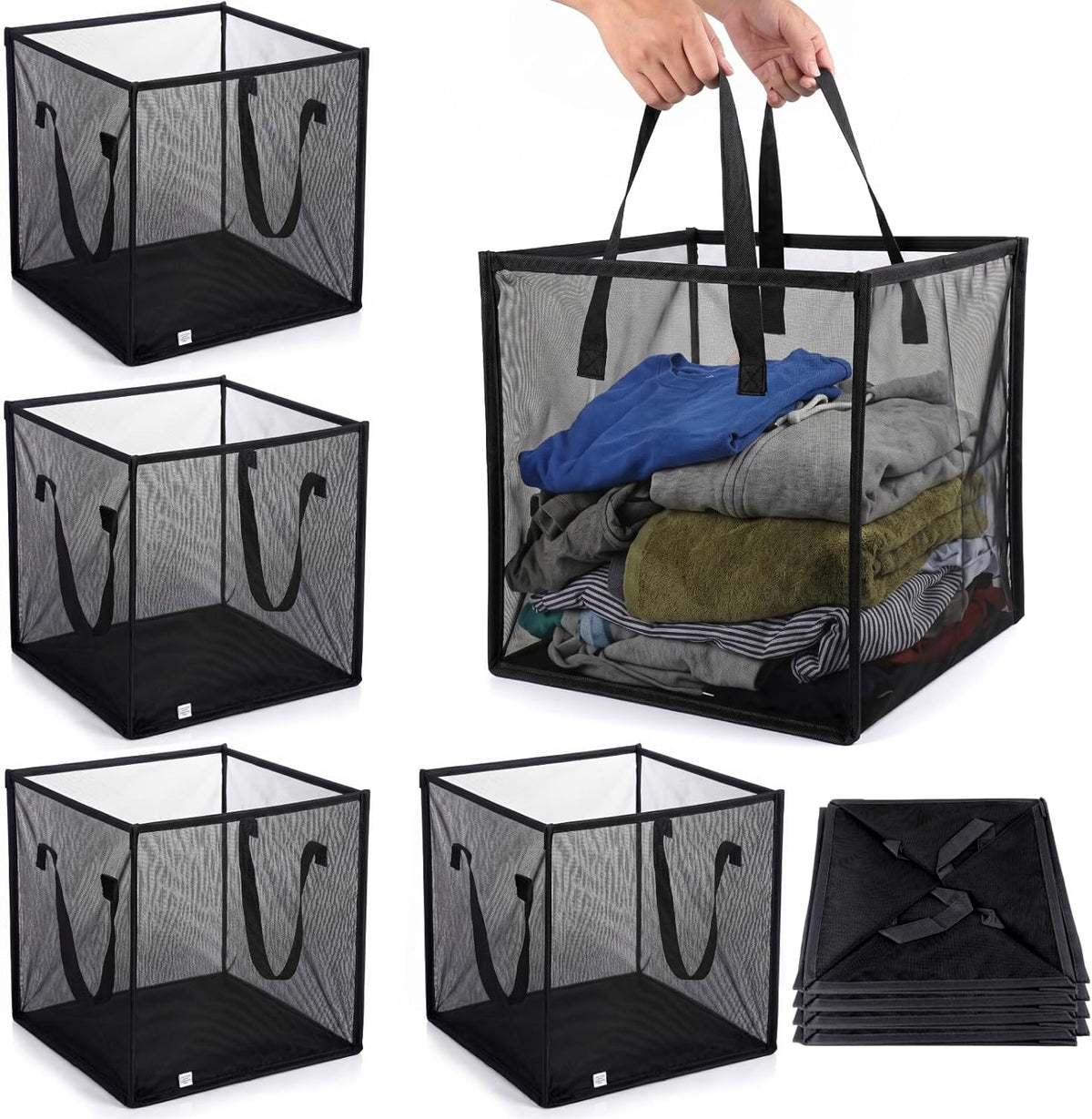 SOUJOY 4Pcs Pop Up Laundry Baskets, 13 Inch Collapsible Mesh Popup Clothes Hampers, Portable and Foldable Washing Bin with Handles for Home, Dorm, Travel and Storage, Black