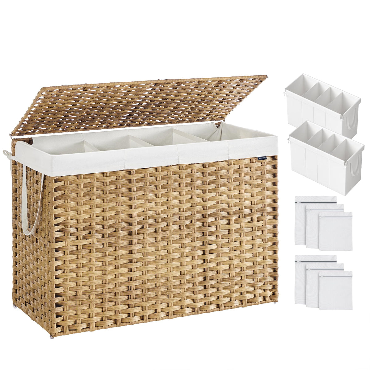 SONGMICS Laundry Hamper with Lid, 130L Double Wicker Basket, 6 Mesh Bags
