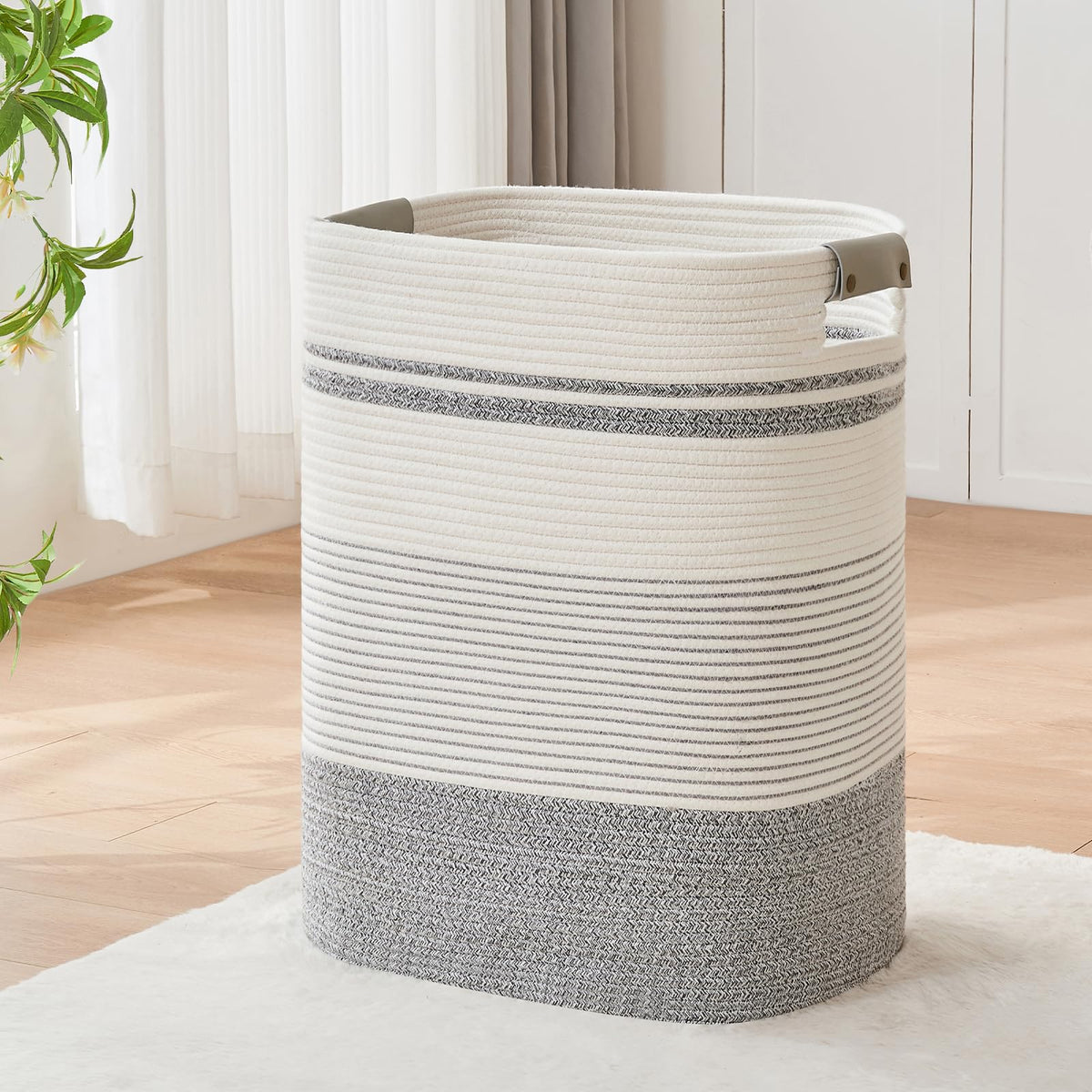 Large Laundry Hamper Basket, 85L Cotton Rope Woven Storage Bin for Blankets, Dirty Clothes Toys, Decorative Tall Basket with Leather Handles for Living Room, Bedroom, Bathroom, Nursery, Jute