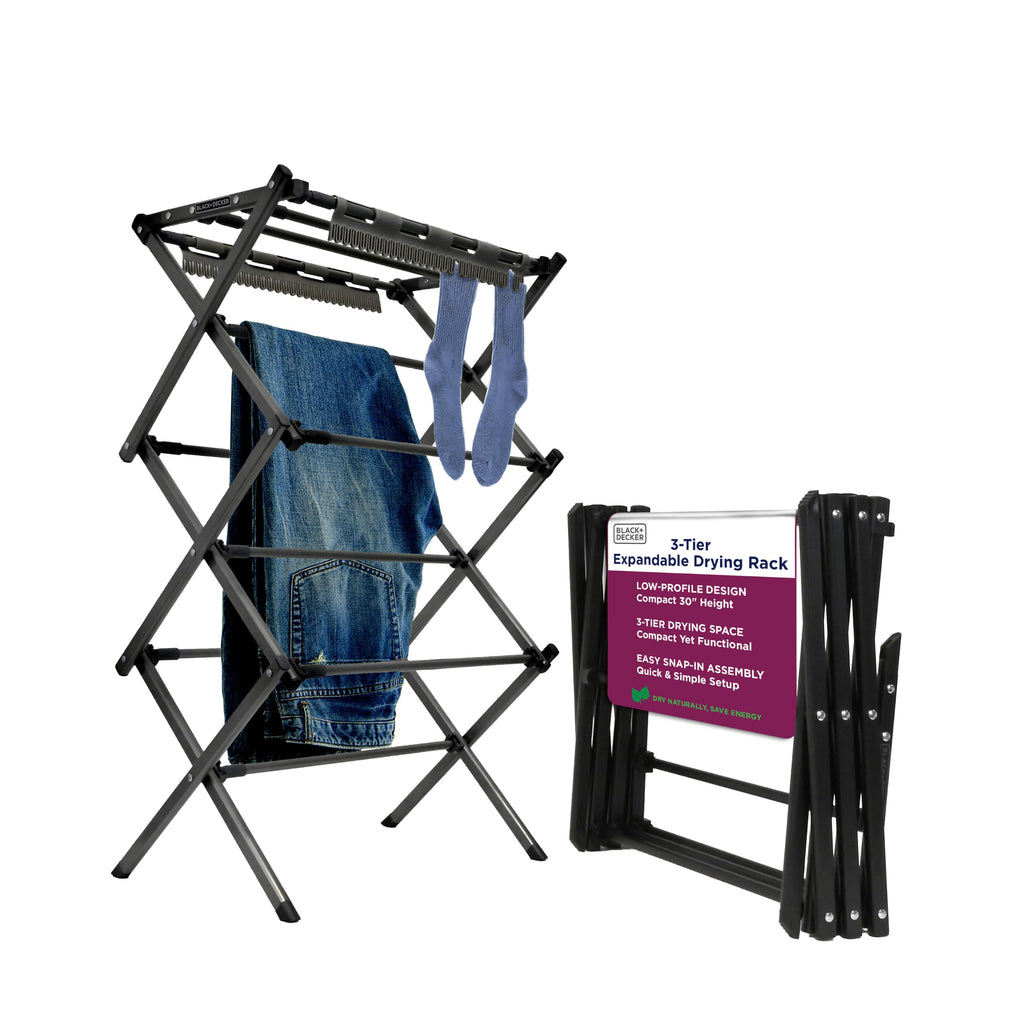 BLACK+DECKER Space Saving 3-Tier Expandable Clothes Drying Rack, Foldable Laundry Rack for Indoor Air Drying, Rust Resistant Steel, 24.6 Ft Drying Space, Grey