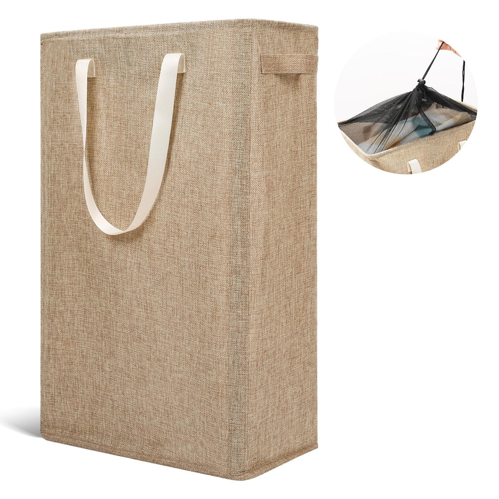 Odonata Slim Laundry Hamper Handles Collapsible Laundry Basket Thin Dirty Clothes Basket Narrow Laundry Bag Foldable Dirty Hamper 45L (Beige)
