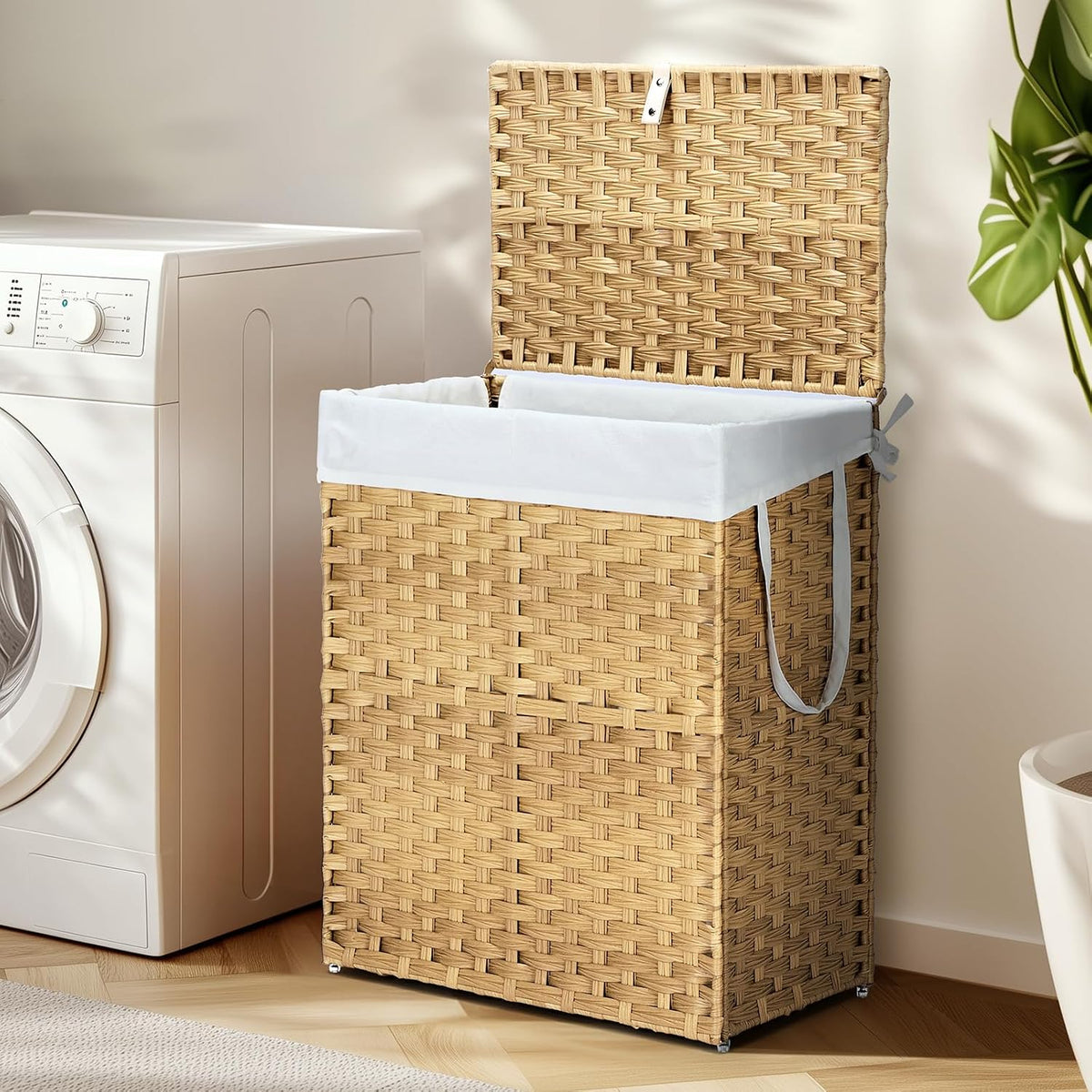 DUMOS Woven Laundry Basket with Lid, 90L Large Capacity Hamper, Removable & Machine-Washable Liner, Foldable Rattan Clothes Hamper, Sturdy Steel Frame, Odor Control, Goose Yellow
