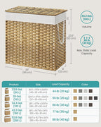 SONGMICS Laundry Hamper with Lid, 130L Double Wicker Basket, 6 Mesh Bags