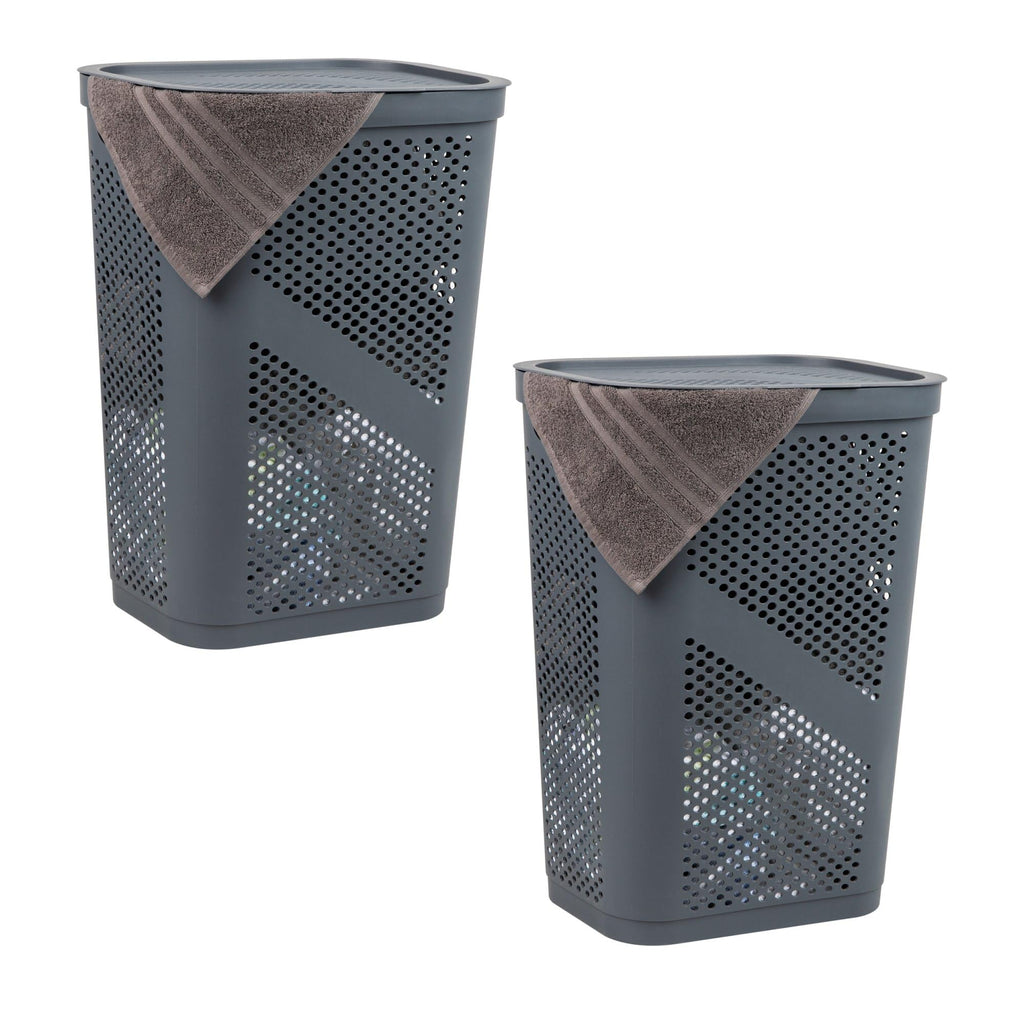 Mind Reader Slim Laundry Hamper with Lid, 60L Clothes Basket, Ventilated Plastic, Black