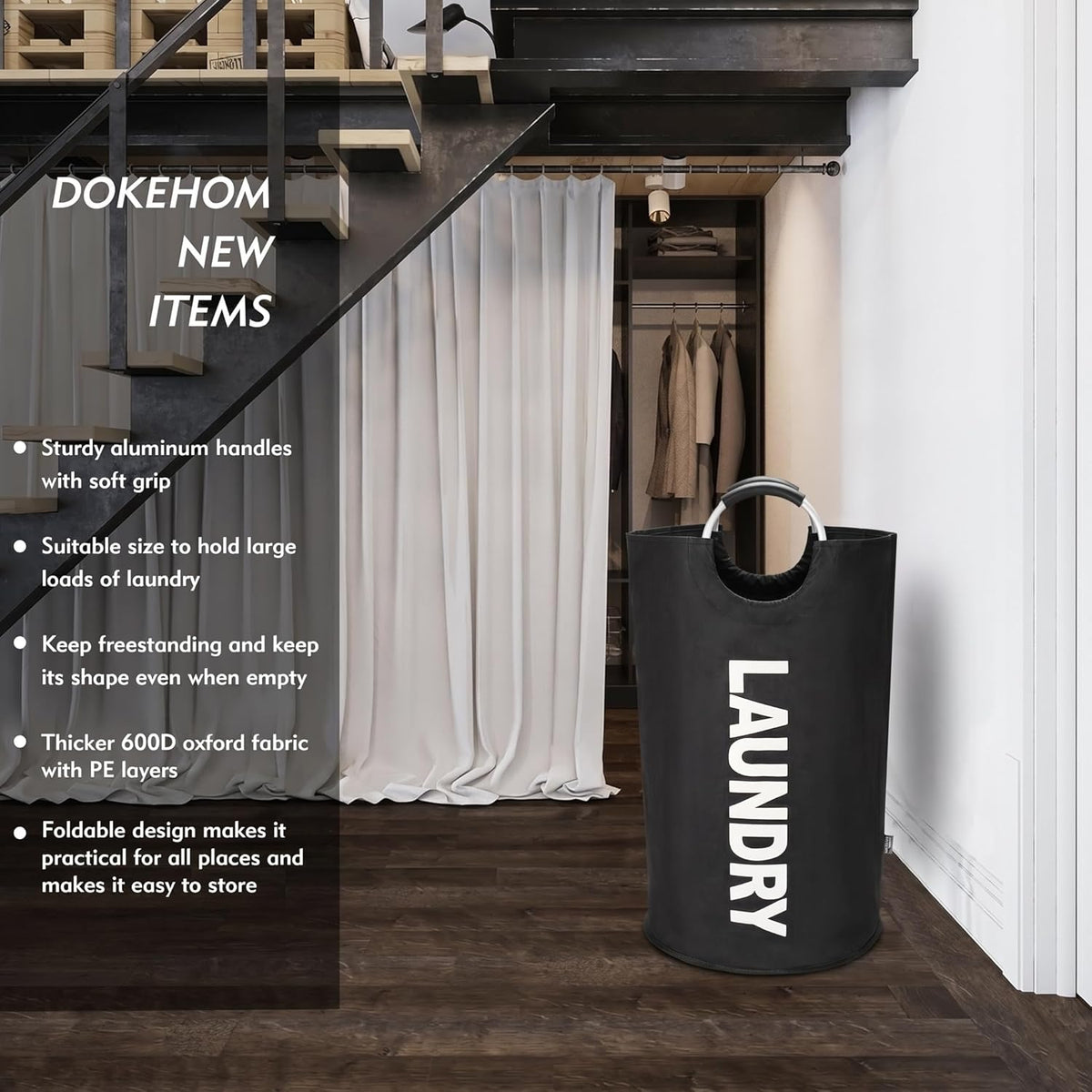 DOKEHOM 125L X-Large Laundry Basket Bag, Collapsible Tall Hamper, Black
