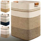 Laundry Hamper, 85L Tall Laundry Basket with Leather Handles, Rectangle Large Clothes Hamper for Organizing, Cotton Woven Laundry Baskets Storage Hampers for Bedroom, Nursery, Living Room