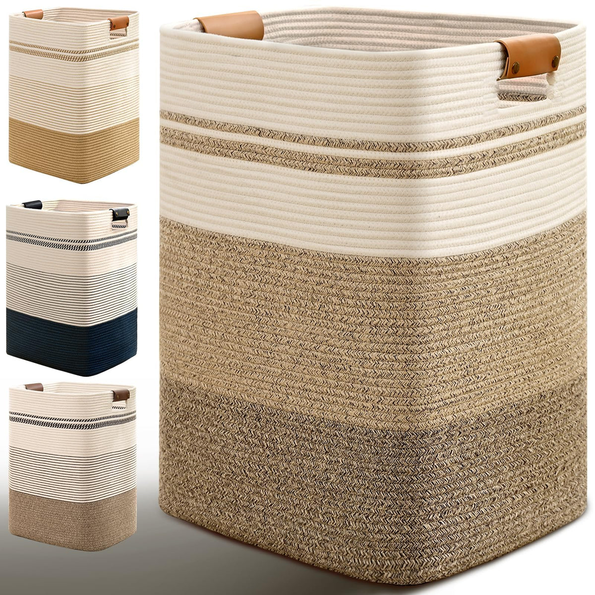 Laundry Hamper, 85L Tall Laundry Basket with Leather Handles, Rectangle Large Clothes Hamper for Organizing, Cotton Woven Laundry Baskets Storage Hampers for Bedroom, Nursery, Living Room