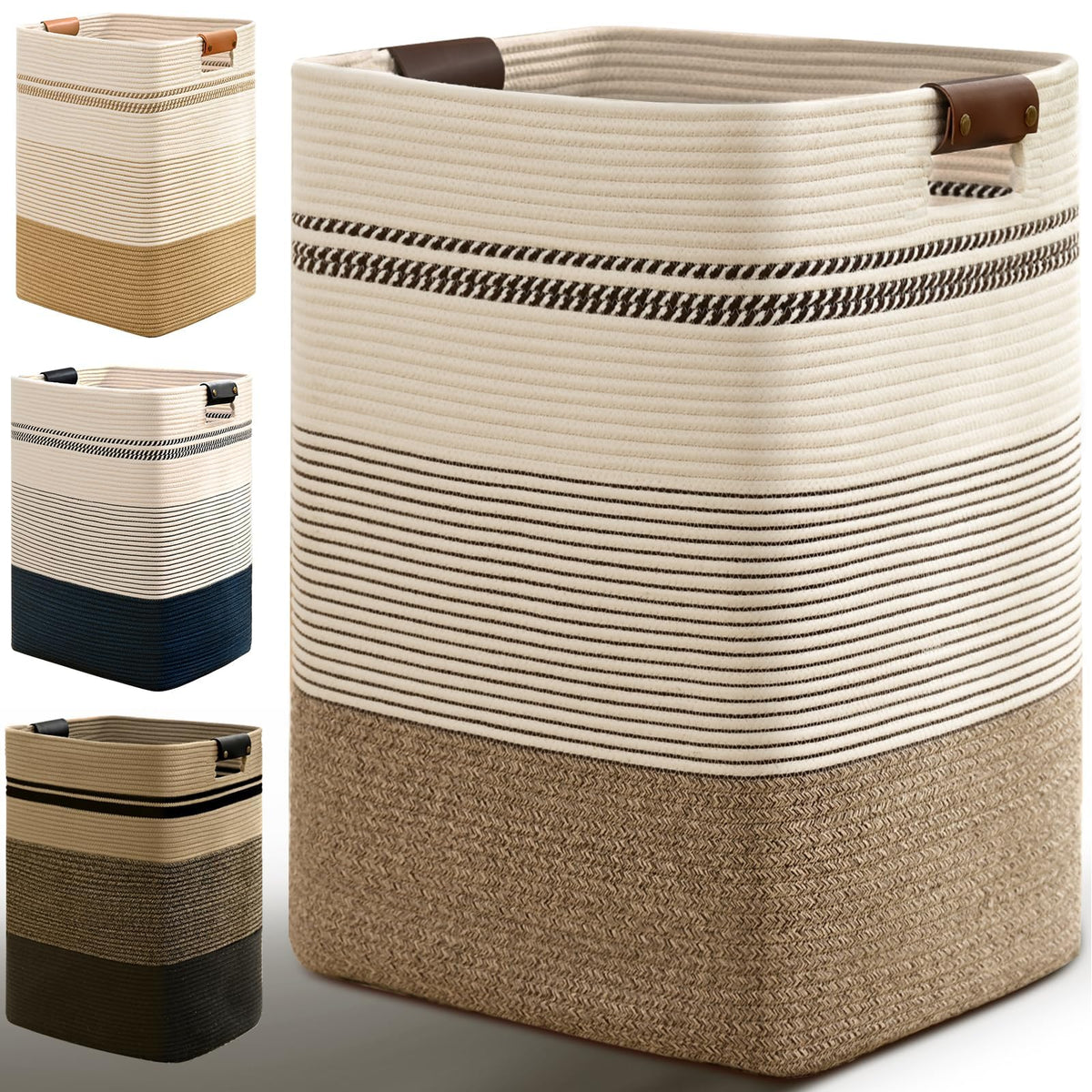 Laundry Hamper, 85L Tall Laundry Basket with Leather Handles, Rectangle Large Clothes Hamper for Organizing, Cotton Woven Laundry Baskets Storage Hampers for Bedroom, Nursery, Living Room