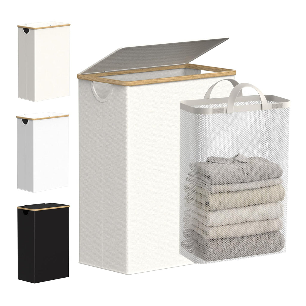 efluky Slim Laundry Basket with Lid, Narrow Laundry Hamper with Removable Bag, Skinny Dirty Clothes Basket with Bamboo Handles for Bathroom, Bedroom & Laundry Room, 75L Beige