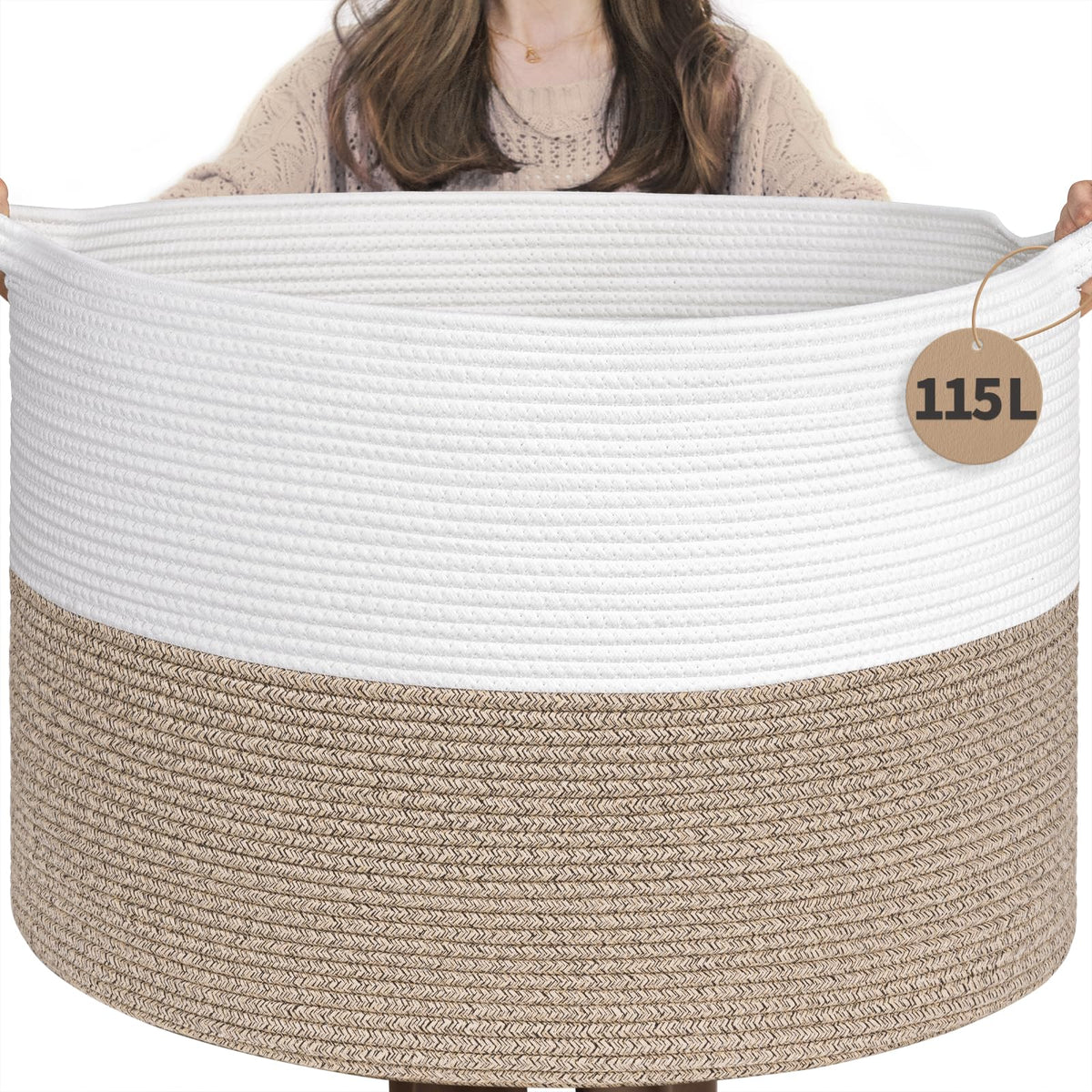 INDRESSME XXXLarge Woven Rope Blanket Basket Living Room Brown, 90L