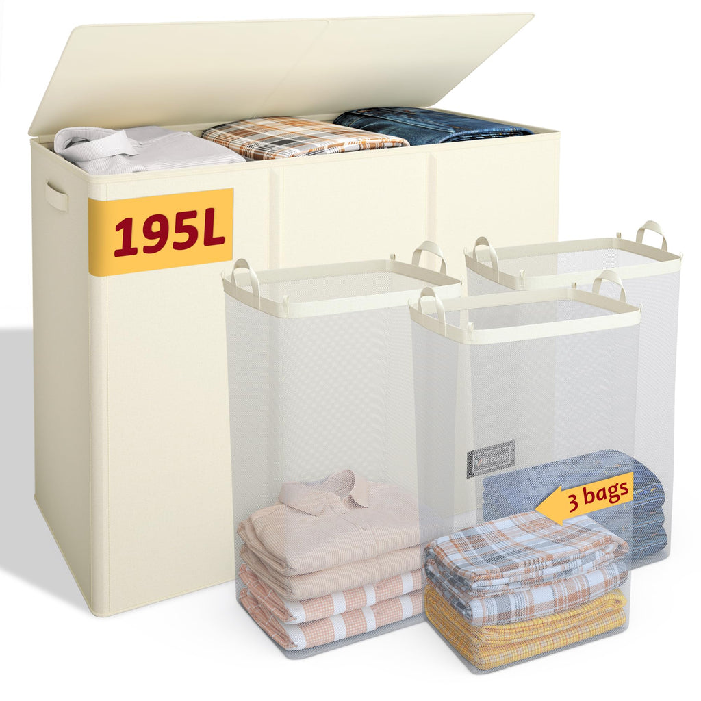 195L Laundry Hamper 3 Section,Large Laundry Hamper with Lid,Dirty Clothes Hamper with 3 Inner Bags,Collapsible Laundry Basket Organizer for Laundry Room,Bedroom,Laundry Sorter Hamper 3 Compartment