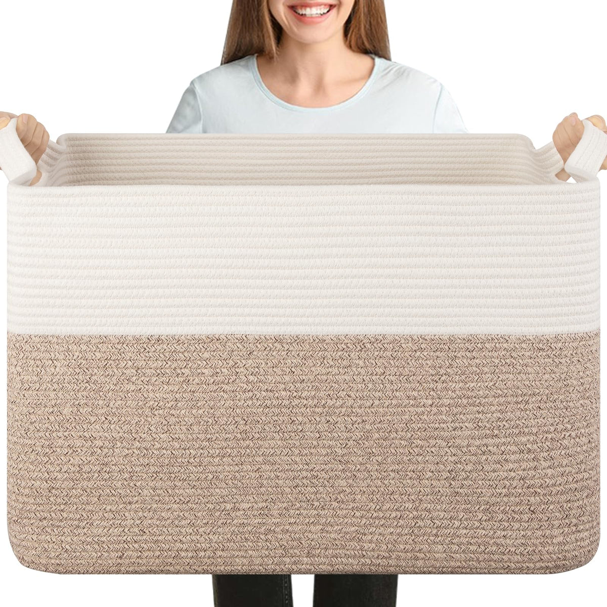 OIASKET 108L Cotton Rope Storage Basket for Living Room and Bedroom 25"x16"x16" Woven Laundry Basket, Heavy Duty Bin for Blankets, Pillows & Toys, Pet-Safe & Scratch-Free, Brown and White
