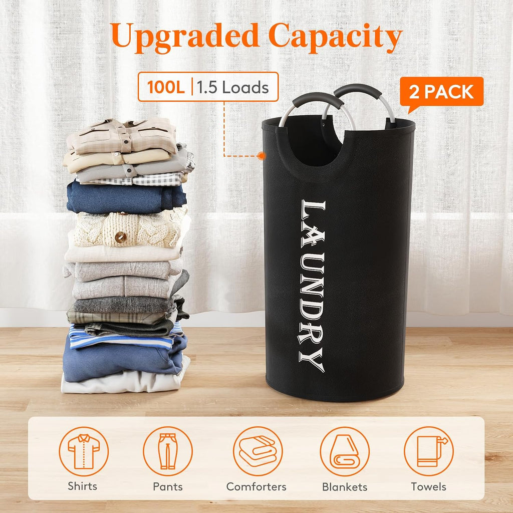 Lifewit 2 Pack 100L Laundry Basket with Aluminum Handles, Black