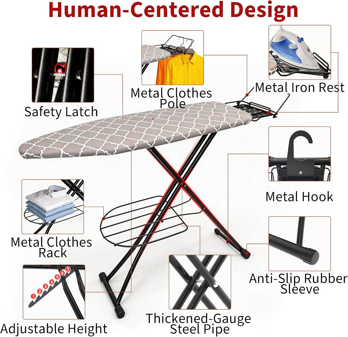 Ironing Board, 43"×13" with Iron Rest, 7 Adjustable Height & Clothes Shelf