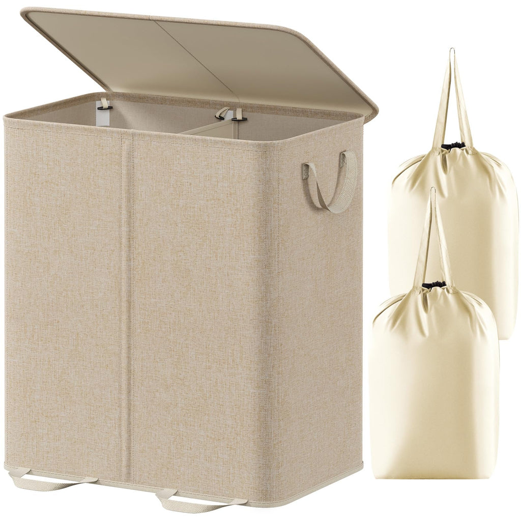Lifewit Double Laundry Hamper with Lid, Removable Laundry Bags, Beige