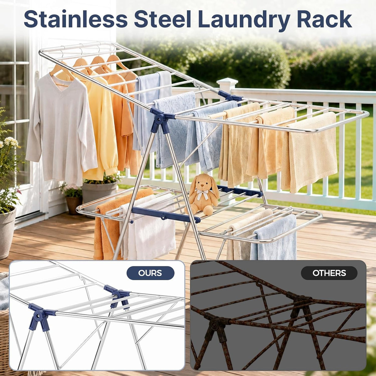 Stainless Steel 2-Tier Foldable Clothes Drying Rack, 57 Inches Max Height