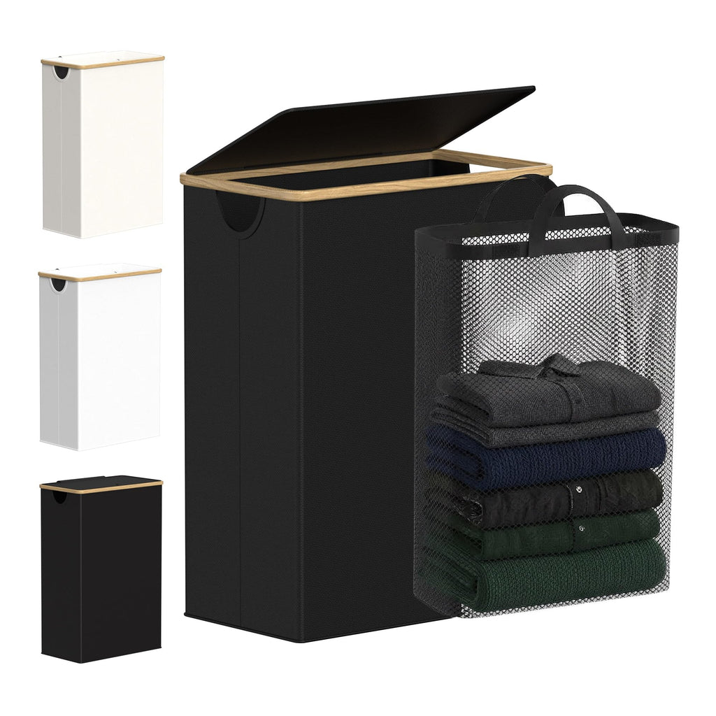efluky Slim Laundry Basket with Lid, Narrow Laundry Hamper with Removable Bag, Skinny Dirty Clothes Basket with Bamboo Handles for Bathroom, Bedroom & Laundry Room, 75L Beige