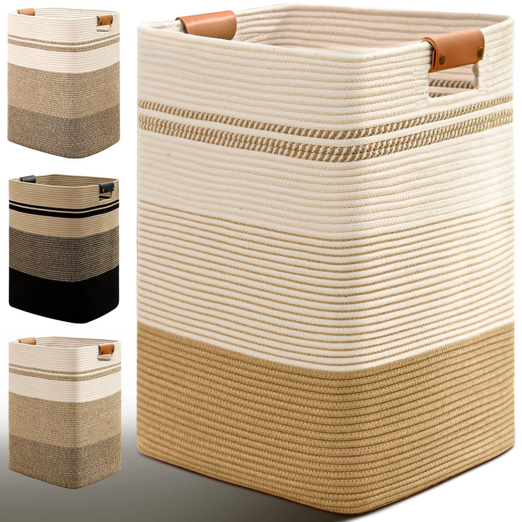 Laundry Hamper, 85L Tall Laundry Basket with Leather Handles, Rectangle Large Clothes Hamper for Organizing, Cotton Woven Laundry Baskets Storage Hampers for Bedroom, Nursery, Living Room