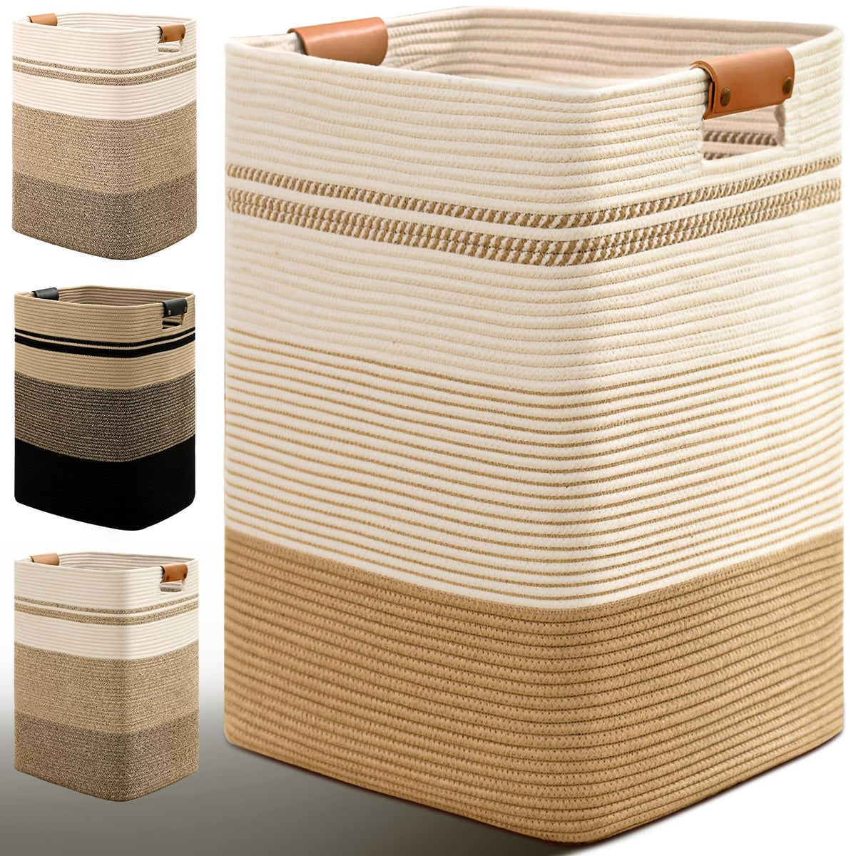 Laundry Hamper, 85L Tall Laundry Basket with Leather Handles, Rectangle Large Clothes Hamper for Organizing, Cotton Woven Laundry Baskets Storage Hampers for Bedroom, Nursery, Living Room