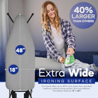 BKTD Extra-Wide Ironing Board – 48"×18" Large Surface (57" w/Iron Rest) • Built-in Clothes Rack, Hanger & Cord Holder • Heat-Resistant Cover • Heavy-Duty, No Wobble • Adjustable Height • Black Grey.