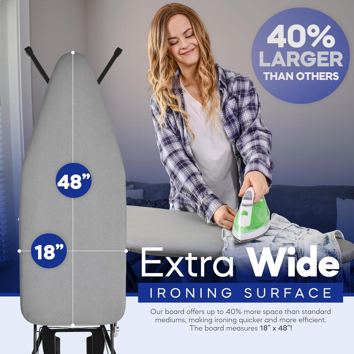 BKTD Extra-Wide Ironing Board – 48"×18" Large Surface (57" w/Iron Rest) • Built-in Clothes Rack, Hanger & Cord Holder • Heat-Resistant Cover • Heavy-Duty, No Wobble • Adjustable Height • Black Grey.