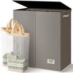 SOLEDI Luxury Double Laundry Hamper with Lid and Removable Bags, 38.3 Gal Large Laundry Bin, Laundry Basket 2 Sections, Collapsible Clothes Hamper for Bedroom, Laundry Room, Bathroom, Off-white
