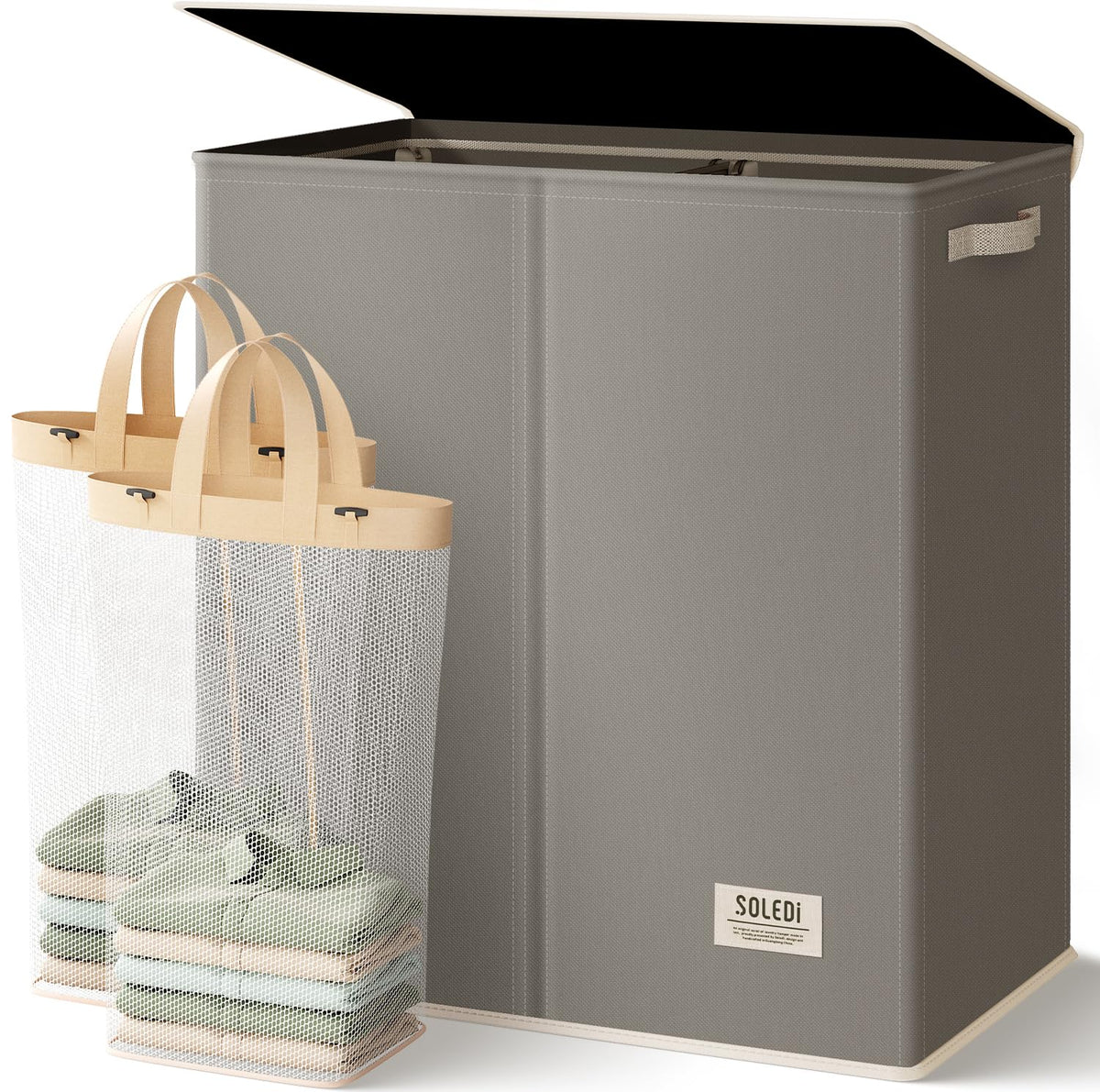 SOLEDI Luxury Double Laundry Hamper with Lid and Removable Bags, 38.3 Gal Large Laundry Bin, Laundry Basket 2 Sections, Collapsible Clothes Hamper for Bedroom, Laundry Room, Bathroom, Off-white