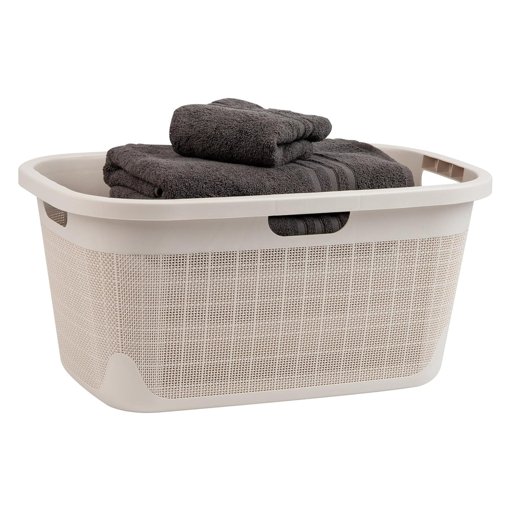 Mind Reader 40L Laundry Basket, Linen Design Clothes Hamper, Plastic Storage Bin with Handles, Ivory