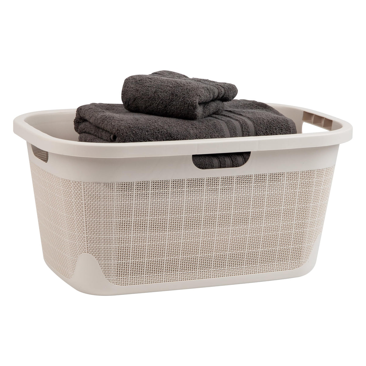 Mind Reader 40L Laundry Basket, Linen Design Clothes Hamper, Plastic Storage Bin with Handles, Ivory