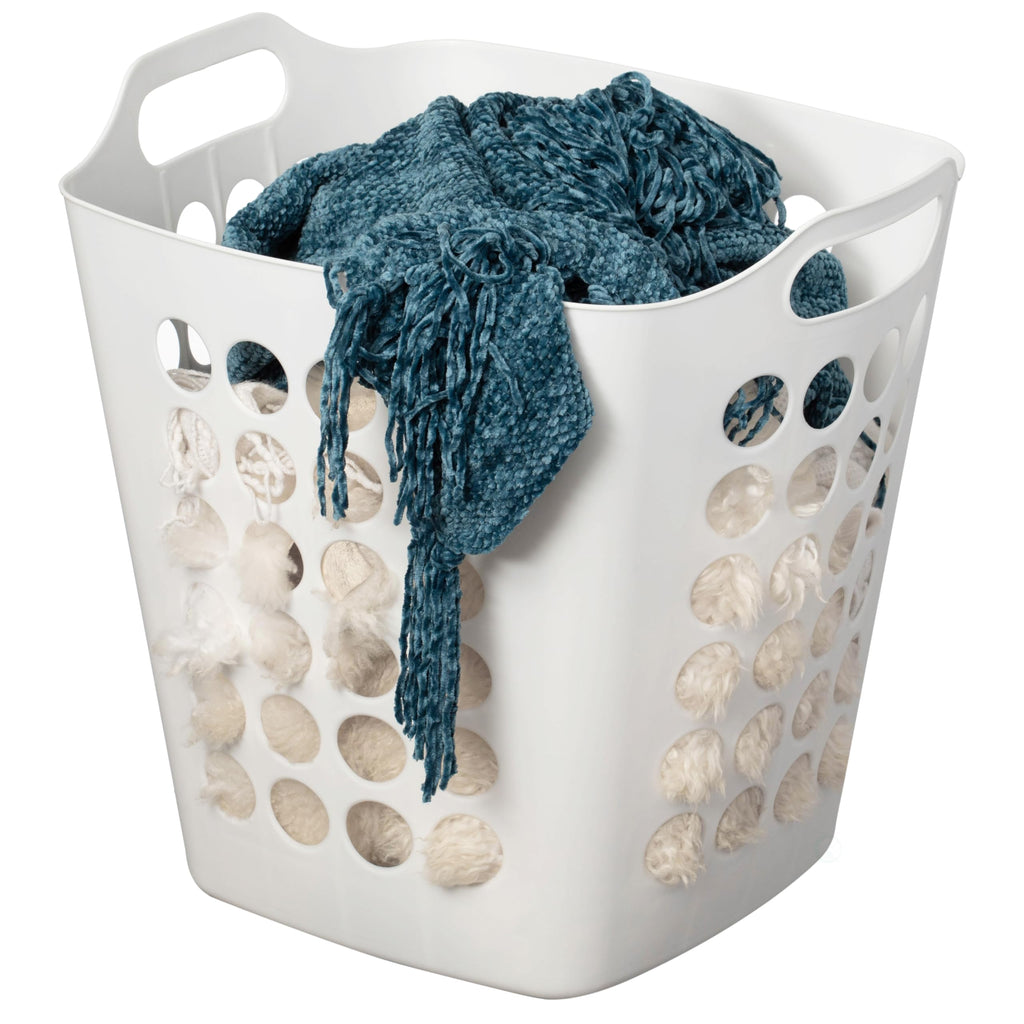 Flexible Plastic Laundry Basket - Square Storage Hamper with Side Handles for Easy Carrying - Versatile Organizer for Laundry, and Household Storage, 28 Litter White