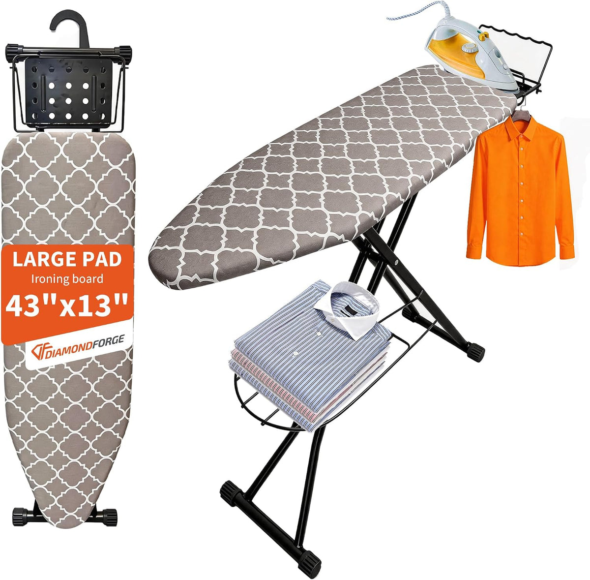 Ironing Board, 43"×13" with Iron Rest, 7 Adjustable Height & Clothes Shelf