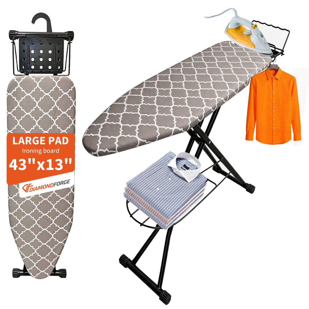 Ironing Board, 43"×13" with Iron Rest, 7 Adjustable Height & Clothes Shelf