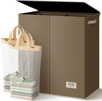 SOLEDI Luxury Double Laundry Hamper with Lid and Removable Bags, 38.3 Gal Large Laundry Bin, Laundry Basket 2 Sections, Collapsible Clothes Hamper for Bedroom, Laundry Room, Bathroom, Off-white