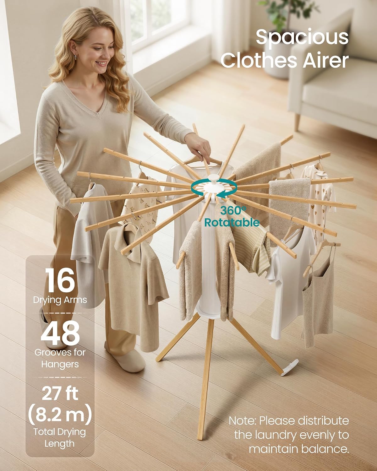 SONGMICS Clothes Drying Rack, Foldable Rotary Tripod, 16 Pull-Out Wood Arms