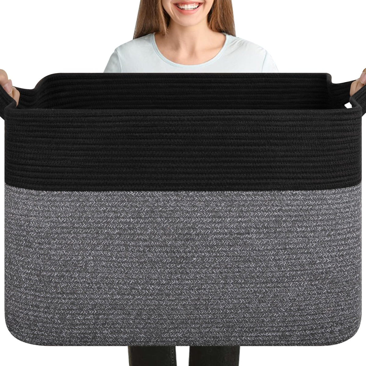 OIASKET 108L Cotton Rope Storage Basket for Living Room and Bedroom 25"x16"x16" Woven Laundry Basket, Heavy Duty Bin for Blankets, Pillows & Toys, Pet-Safe & Scratch-Free, Brown and White