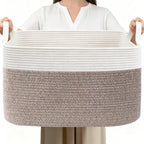 65L Laundry Basket with Handles, Woven Blanket Basket, White/Brown