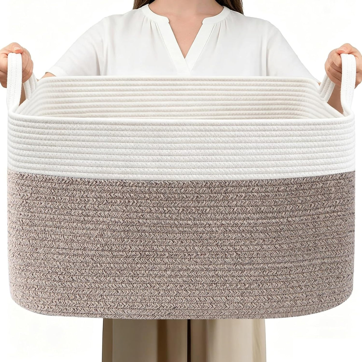 65L Laundry Basket with Handles, Woven Blanket Basket, White/Brown