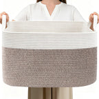 65L Laundry Basket with Handles, Woven Blanket Basket, White/Brown