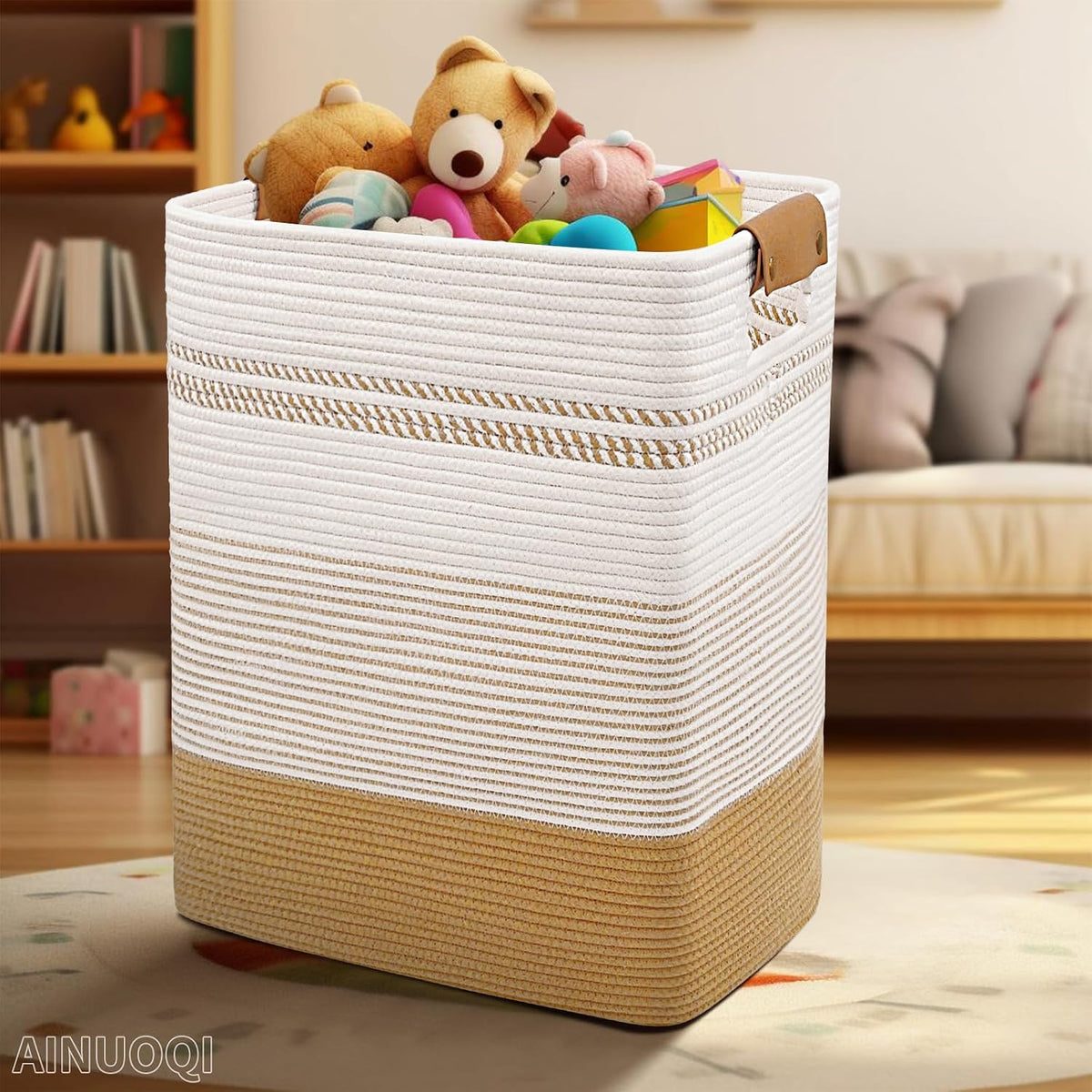 Large Laundry Hamper Basket, 85L Cotton Rope Woven Storage Bin for Blankets, Dirty Clothes Toys, Decorative Tall Basket with Leather Handles for Living Room, Bedroom, Bathroom, Nursery, Jute