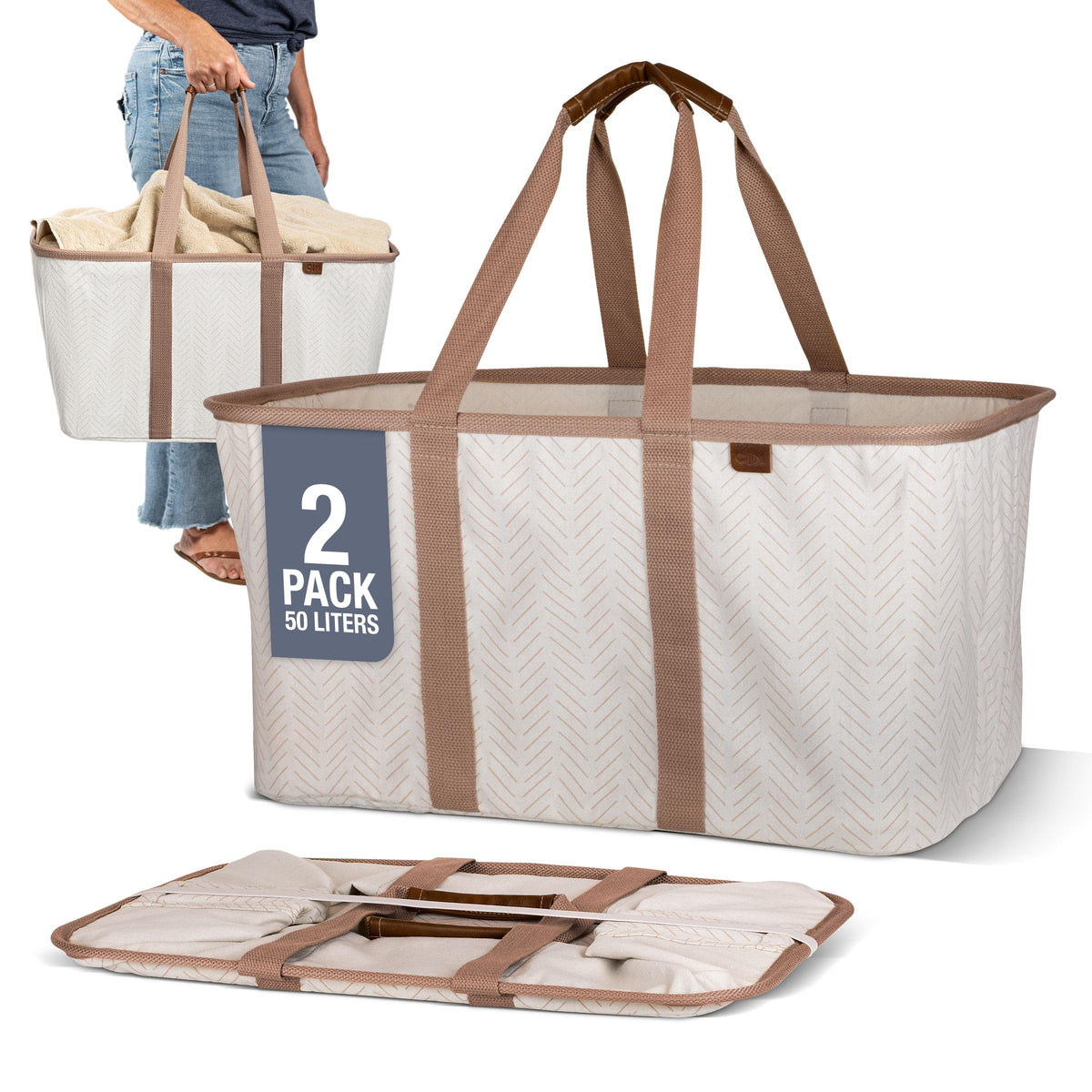 CleverMade Collapsible Laundry Baskets, 50L Tote 2 Pack, Charcoal
