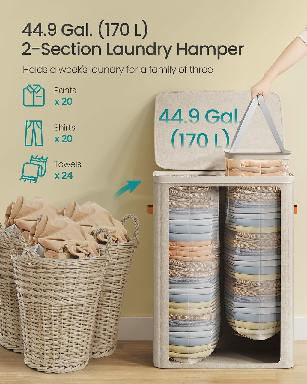 SONGMICS Laundry Basket, 170L Laundry Hamper with Lid, 2 Removable Bags