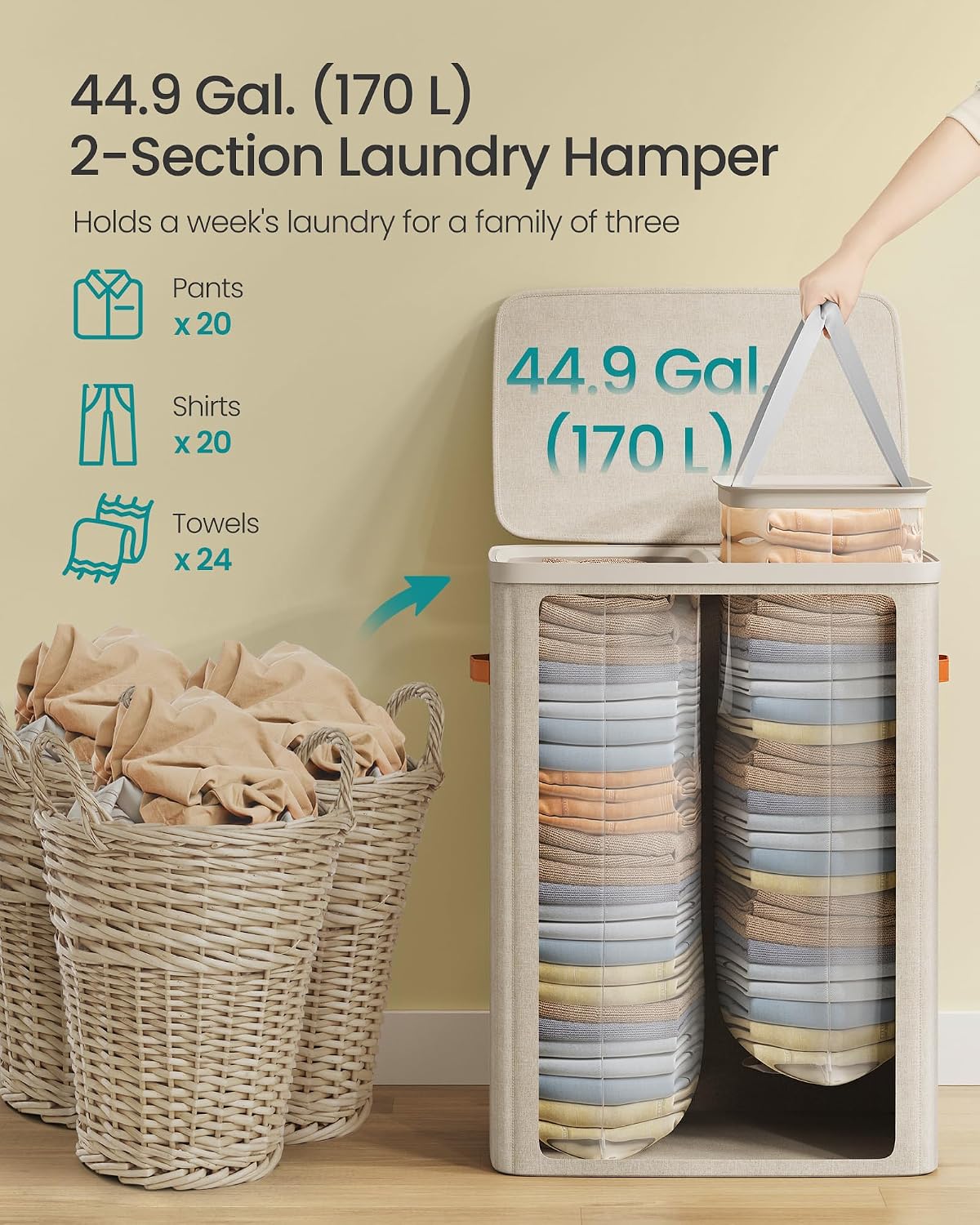 SONGMICS Laundry Basket, 170L Laundry Hamper with Lid, 2 Removable Bags
