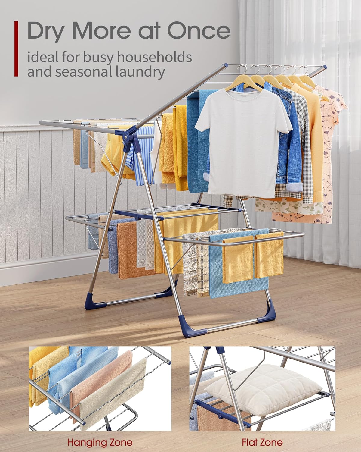 Sakugi Clothes Drying Rack, Foldable 2-Level with 55.5" Adjustable Wings