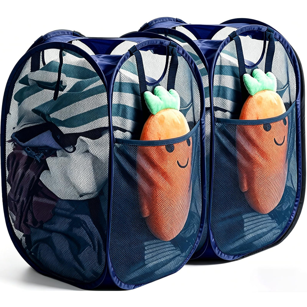 Upgraded Polyester Pop-up Laundry Hamper 2 Pack, 70L(18.5 Gal) Laundry Basket with Durable Handles Solid Bottom High Carbon Steel Frame and Side Pocket, Easy to Open Fold Flat for Storage