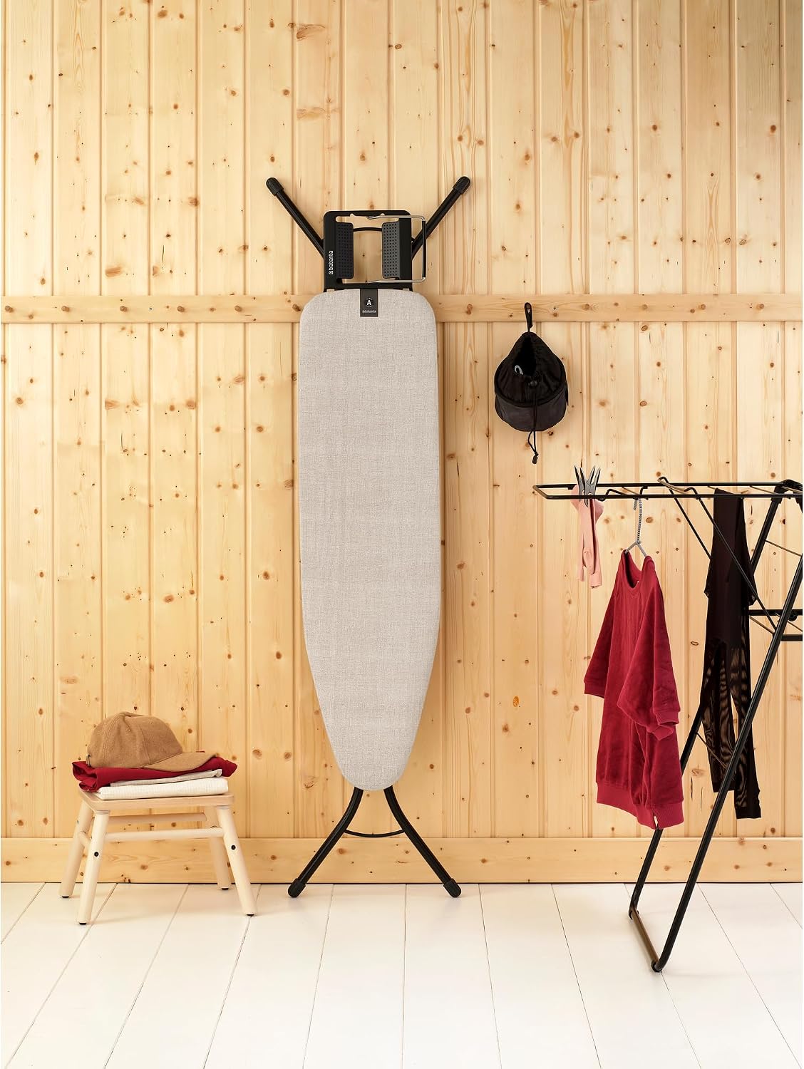 Brabantia Compact Ironing Board with Left/Right Adjustable Steam Iron Rest | Small (Size A) | Fairtrade Denim Gray Cover | Adjustable Height (27-38"), Easy Fold, Anti-Collapse Lock, Non-Slip Feet