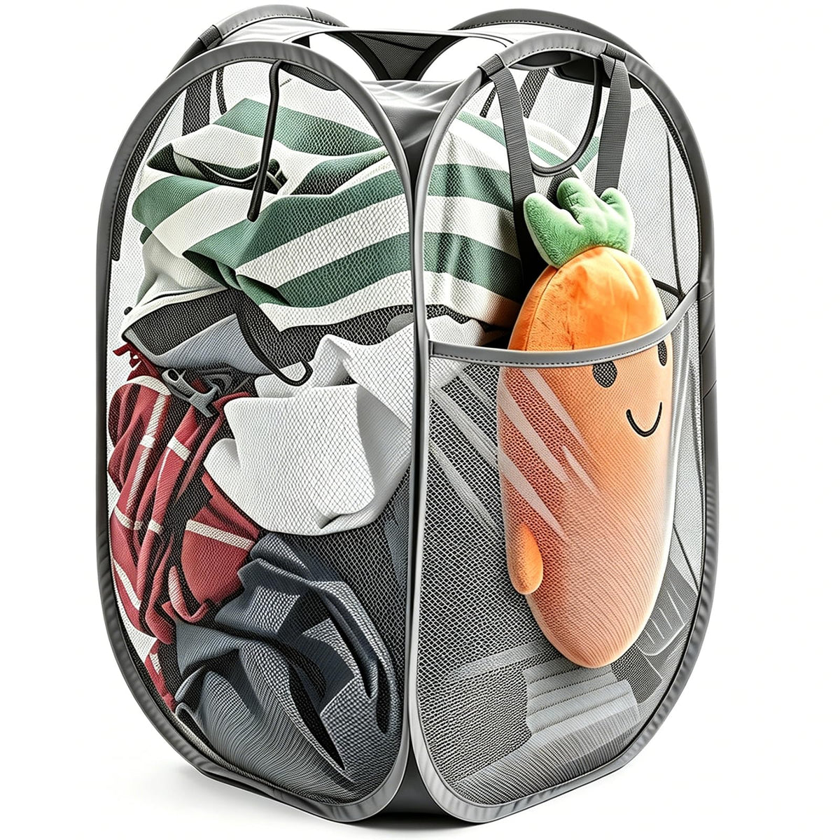 Upgraded Polyester Pop-up Laundry Hamper 2 Pack, 70L(18.5 Gal) Laundry Basket with Durable Handles Solid Bottom High Carbon Steel Frame and Side Pocket, Easy to Open Fold Flat for Storage